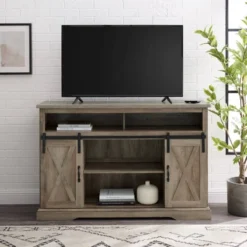 Transitional Sliding Barndoor Highboy TV Stand For TVs Up To 58" - Saracina Home -HOMES: Inside + Out Store GUEST 36bb9b85 ffb1 46e0 b0d8 822e73b5b63d