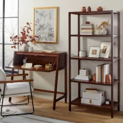 70" 5-Shelf Wood & Cane Transitional Vertical Bookshelf - Brown - Hearth & Hand™ With Magnolia