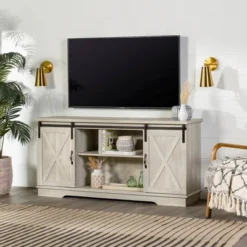 Modern Transitional Sliding Barndoor TV Stand For TVs Up To 65"- Saracina Home -HOMES: Inside + Out Store GUEST 4792b222 989e 4d2f a170 a61b30209fd2
