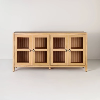 Grooved Wood With Glass 4-Door Sideboard Buffet Cabinet- Natural - Hearth & Hand™ With Magnolia 4 Grooved Wood With Glass 4-Door Sideboard Buffet Cabinet- Natural - Hearth & Hand™ With Magnolia - Image 2