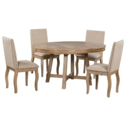 5 PCS Round Wood Extendable Dining Table Set With 4 Upholstered Dining Chairs-ModernLuxe 21 5 PCS Round Wood Extendable Dining Table Set With 4 Upholstered Dining Chairs-ModernLuxe -HOMES: Inside + Out Store GUEST 62a0d22f 09b3 4f40 a197 cc20893dc552