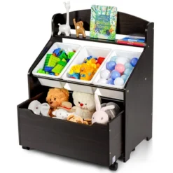 Costway Kids Wooden Toy Storage Unit Organizer W/Rolling Toy Box & Plastic Bins NaturalEspresso -HOMES: Inside + Out Store GUEST 80f5cdc8 b56c 40a6 9518 1678a6f77403