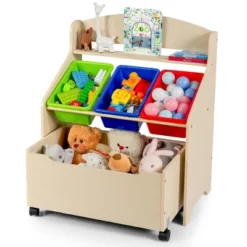 Costway Kids Wooden Toy Storage Unit Organizer W/Rolling Toy Box & Plastic Bins NaturalEspresso -HOMES: Inside + Out Store GUEST b1538226 2c79 451e 9800 9bc4afb4832c