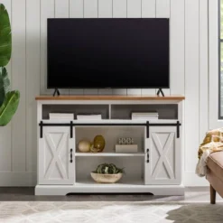 Transitional Sliding Barndoor Highboy TV Stand For TVs Up To 58" - Saracina Home -HOMES: Inside + Out Store GUEST dd9ce182 82e2 4e7a a263 00af007d0202