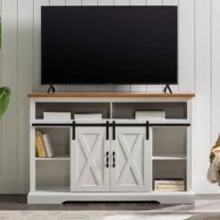 Transitional Sliding Barndoor Highboy TV Stand For TVs Up To 58" - Saracina Home -HOMES: Inside + Out Store GUEST e952740e 70ac 42e4 a86c 65befa0e8542
